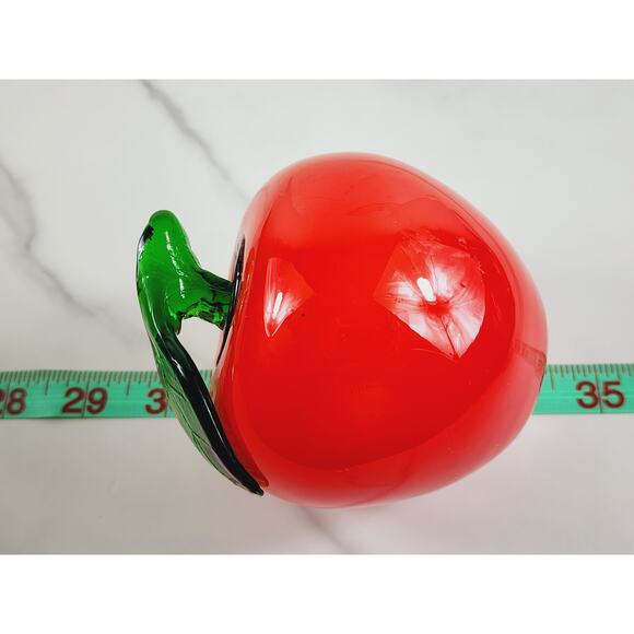 Art Glass Hand Blow Red Apple w/ Green Leaf Fruit Vegetable 4" Life Size 90s Vtg - Picture 13 of 14